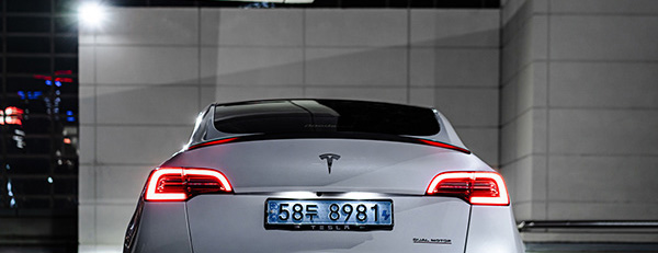 Parte trasera del TESLA MODEL Y con edificios de fondo